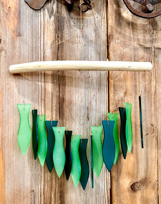 Fish Tumbled Glass Wind Chime - Restoration Oak