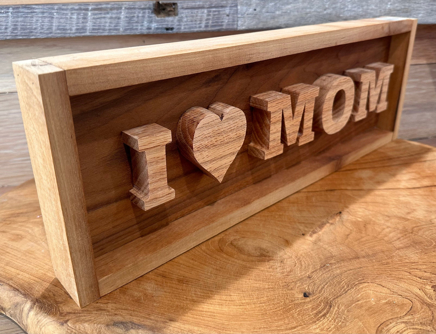 "I Love Mom" Wood Sign - Restoration Oak