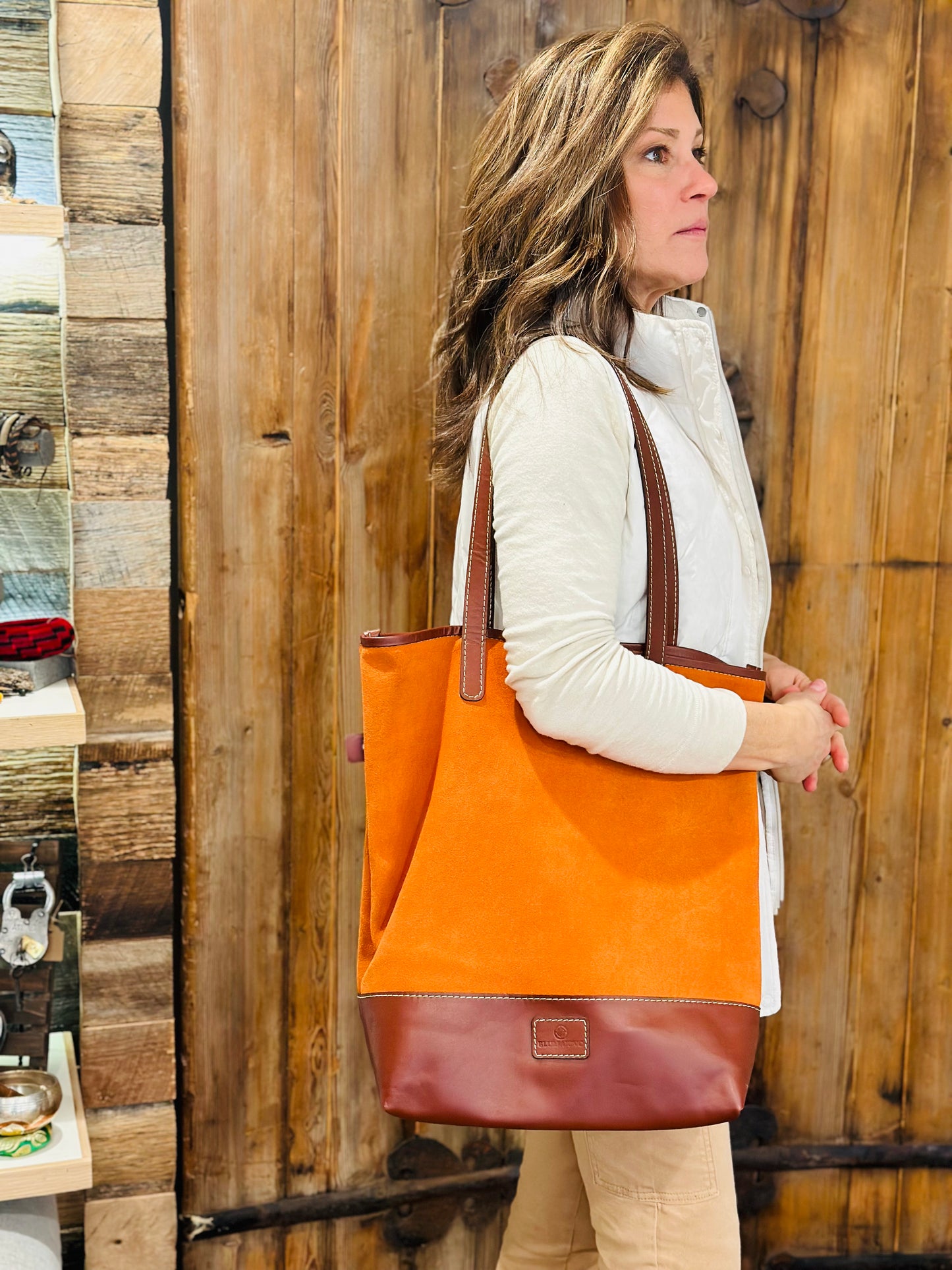 Suede and Leather Tote - Restoration Oak