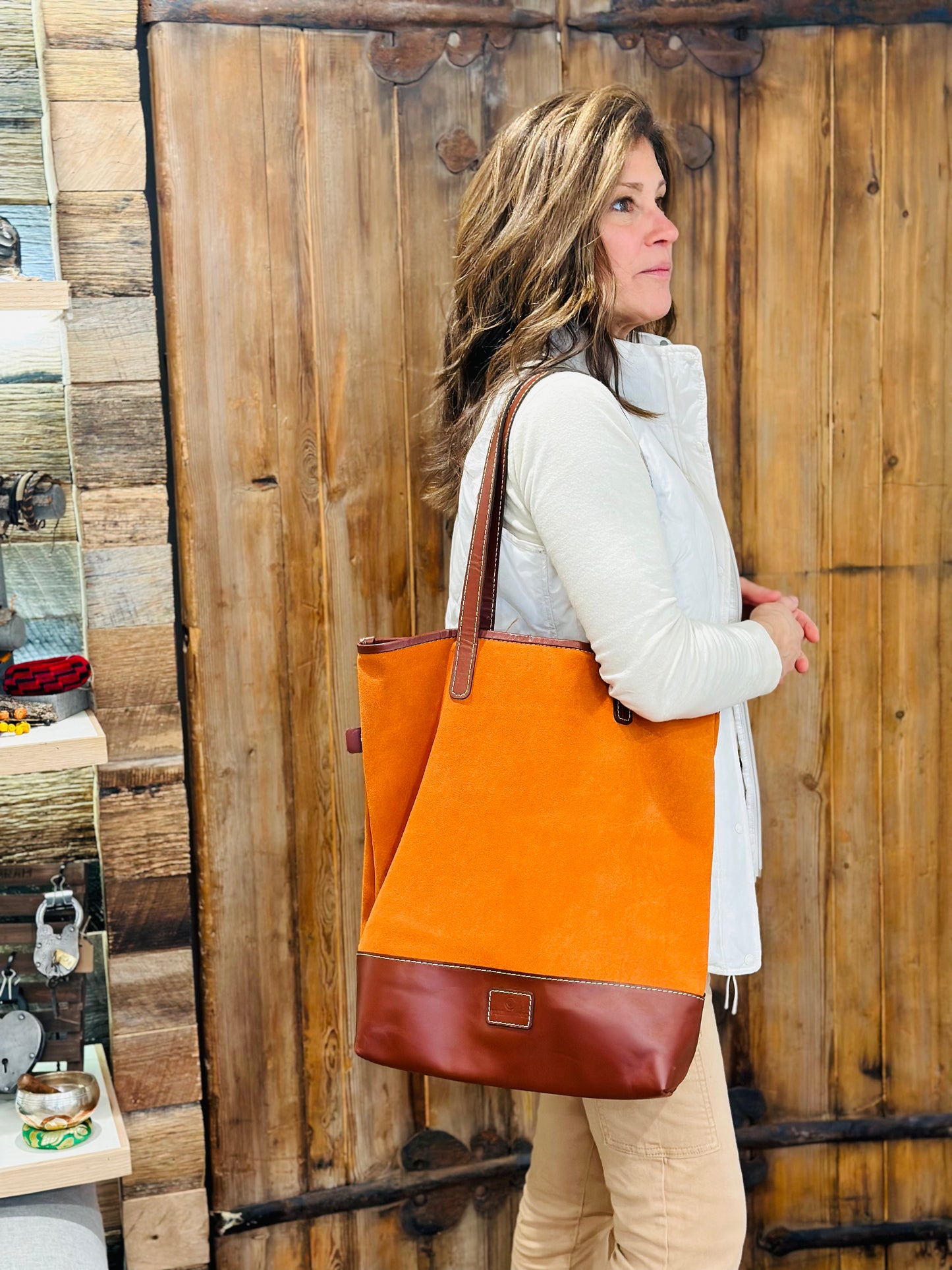 Suede and Leather Tote - Restoration Oak