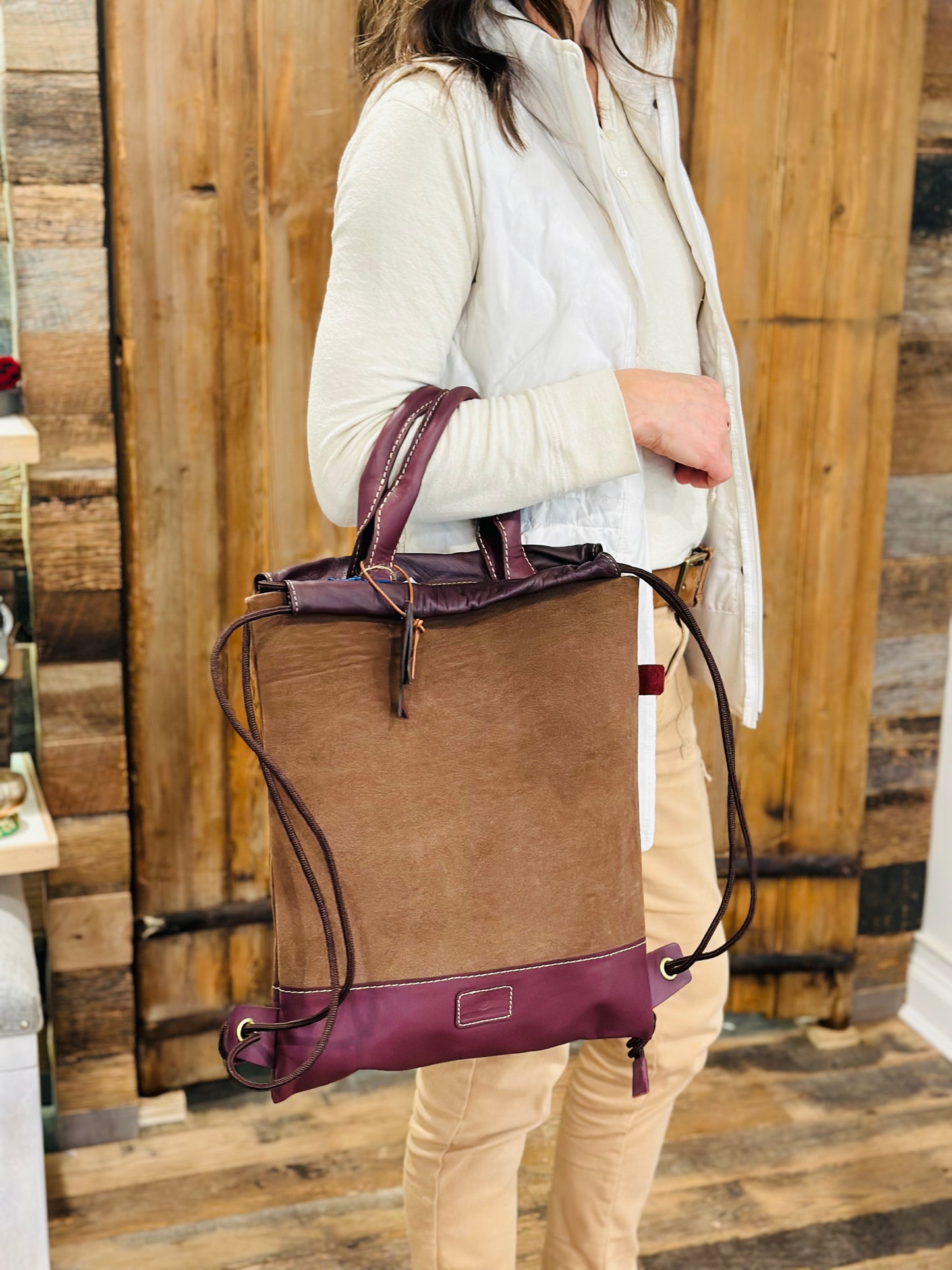 Convertible Leather and Suede Backpack Tote - Restoration Oak