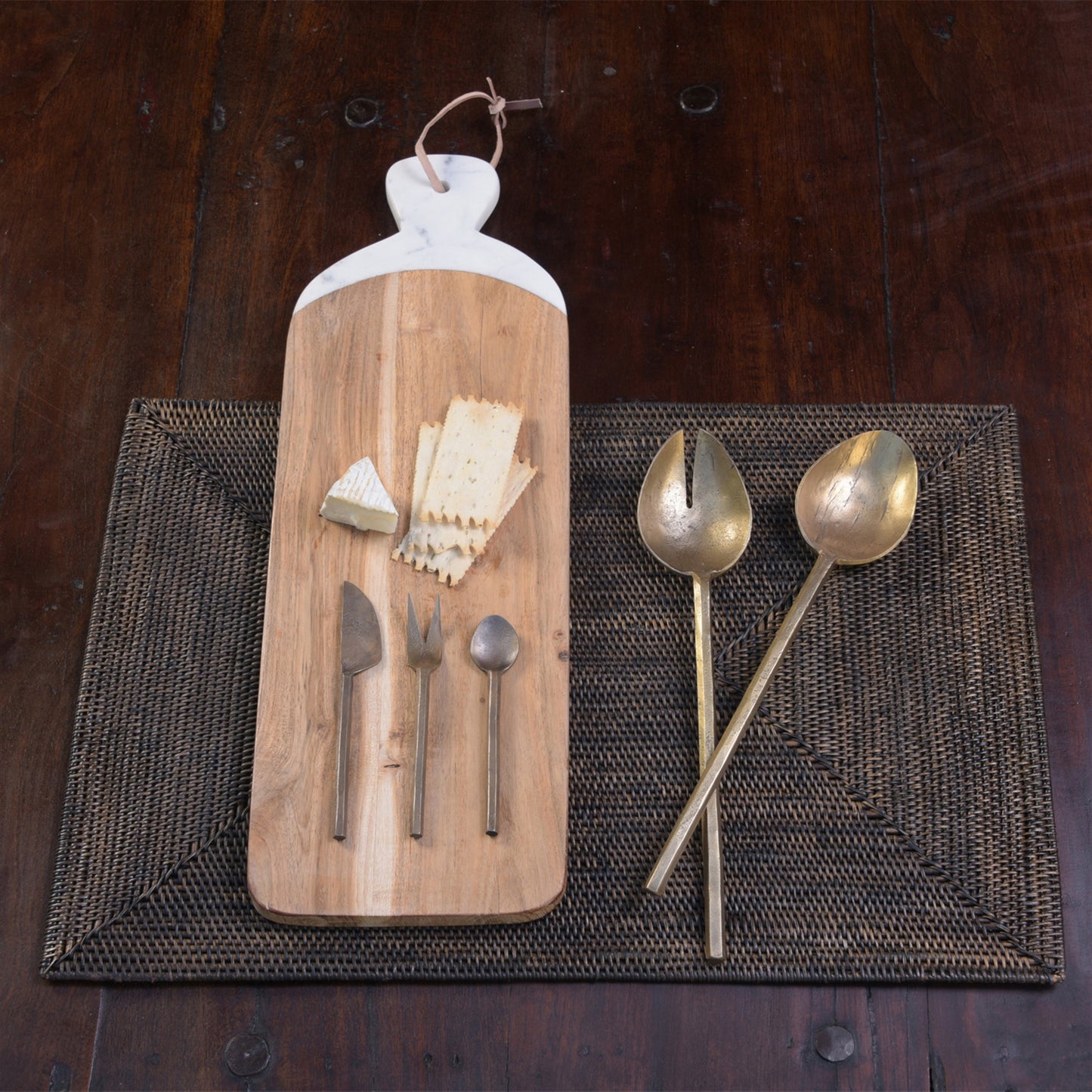 Antique Brass Hendrix Salad Servers - Restoration Oak