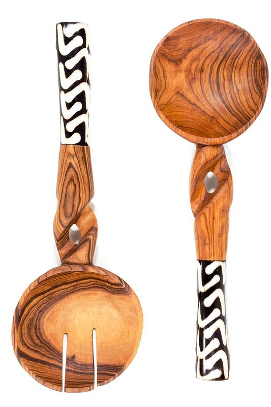 Twisted Wild Olive Wood Salad Servers with Bone Handle - Restoration Oak