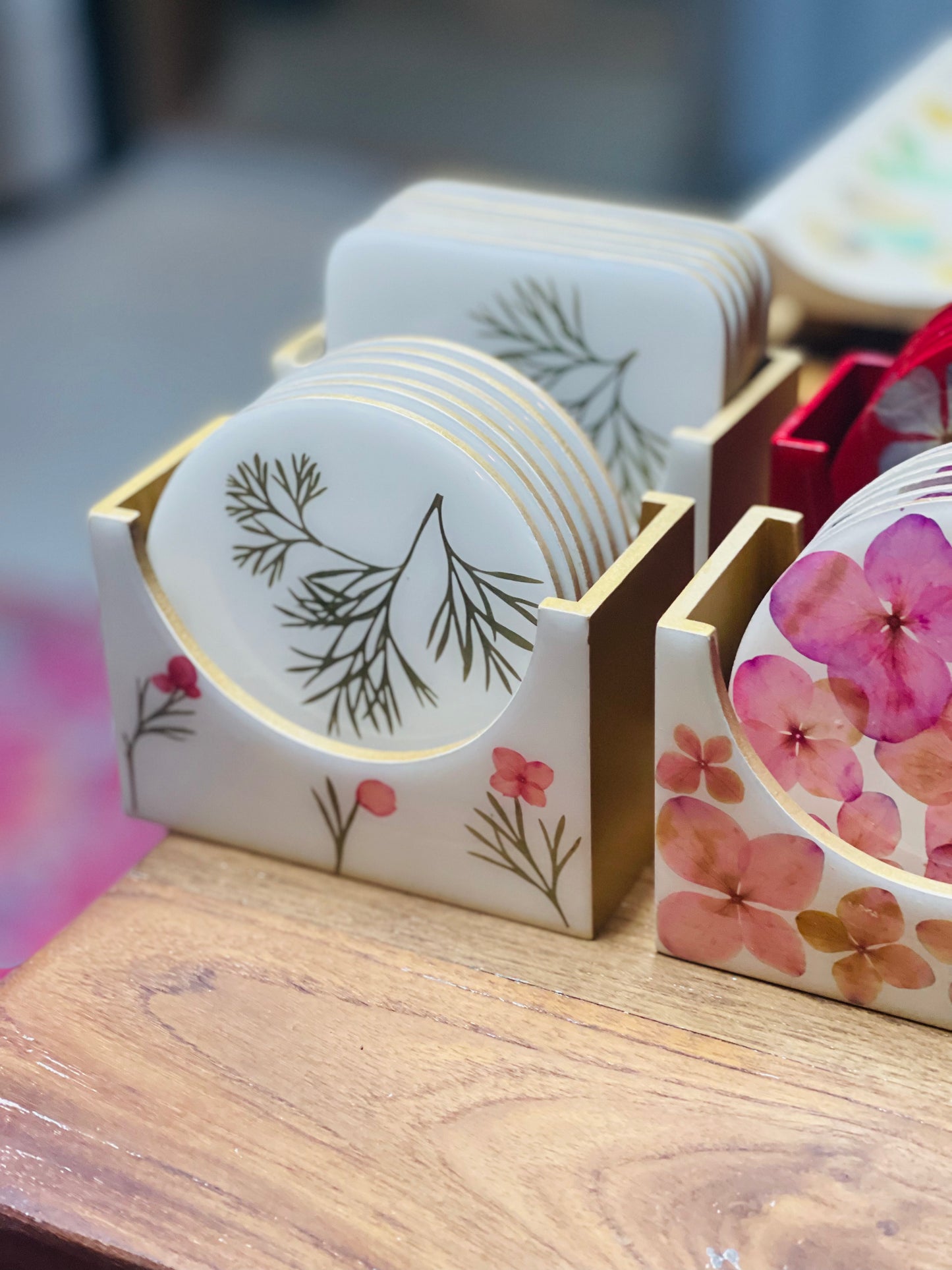 Coaster Set-Pressed Flowers - Restoration Oak