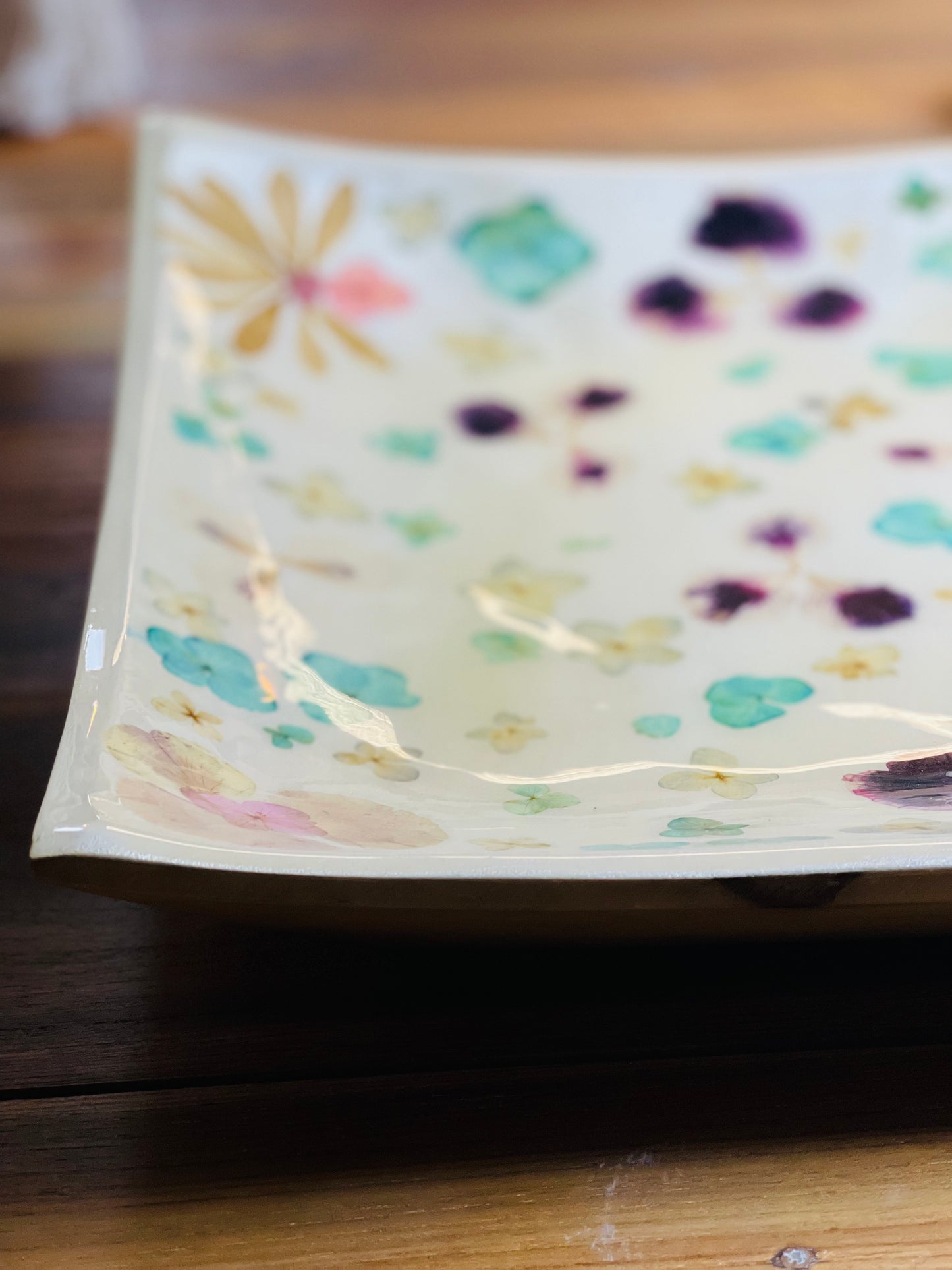 Extra Large Curved Square Platter-Pressed Flowers - Restoration Oak