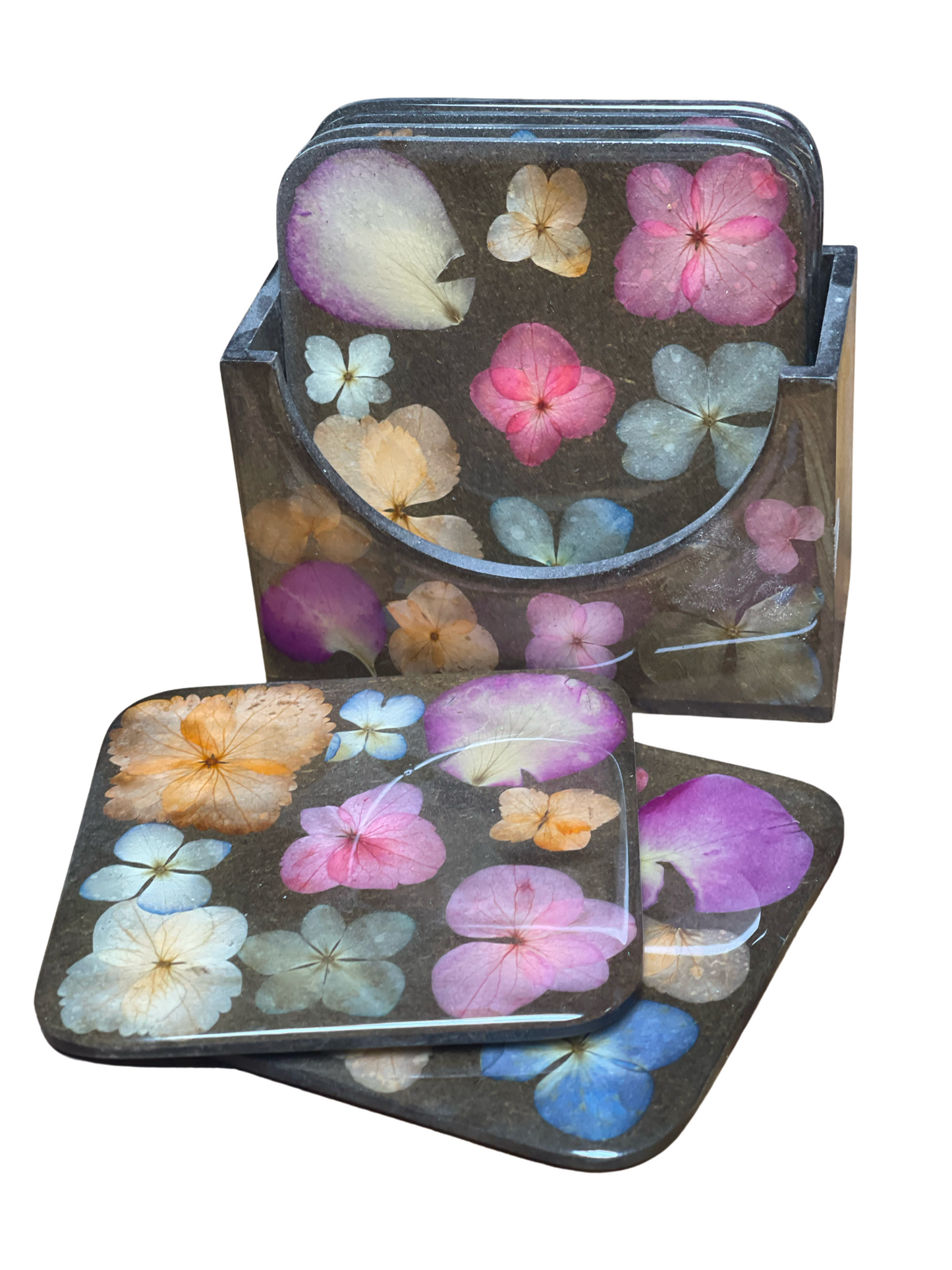 Coaster Set-Pressed Flowers - Restoration Oak