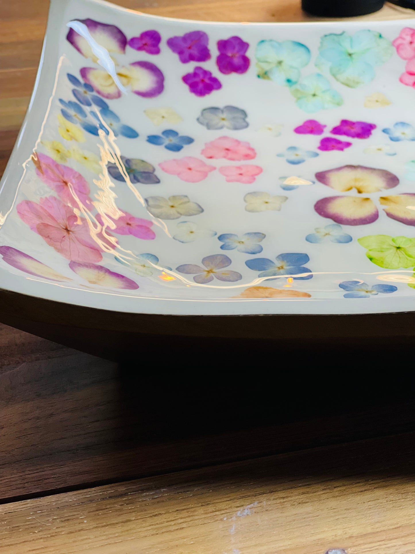 Large Curved Square Platter-Pressed Flowers - Restoration Oak