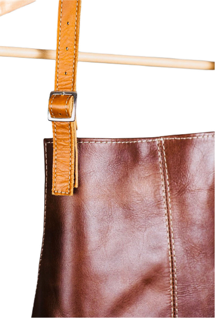 Zoomed Brown and Tan Leather Apron Handcrafted in Colombia