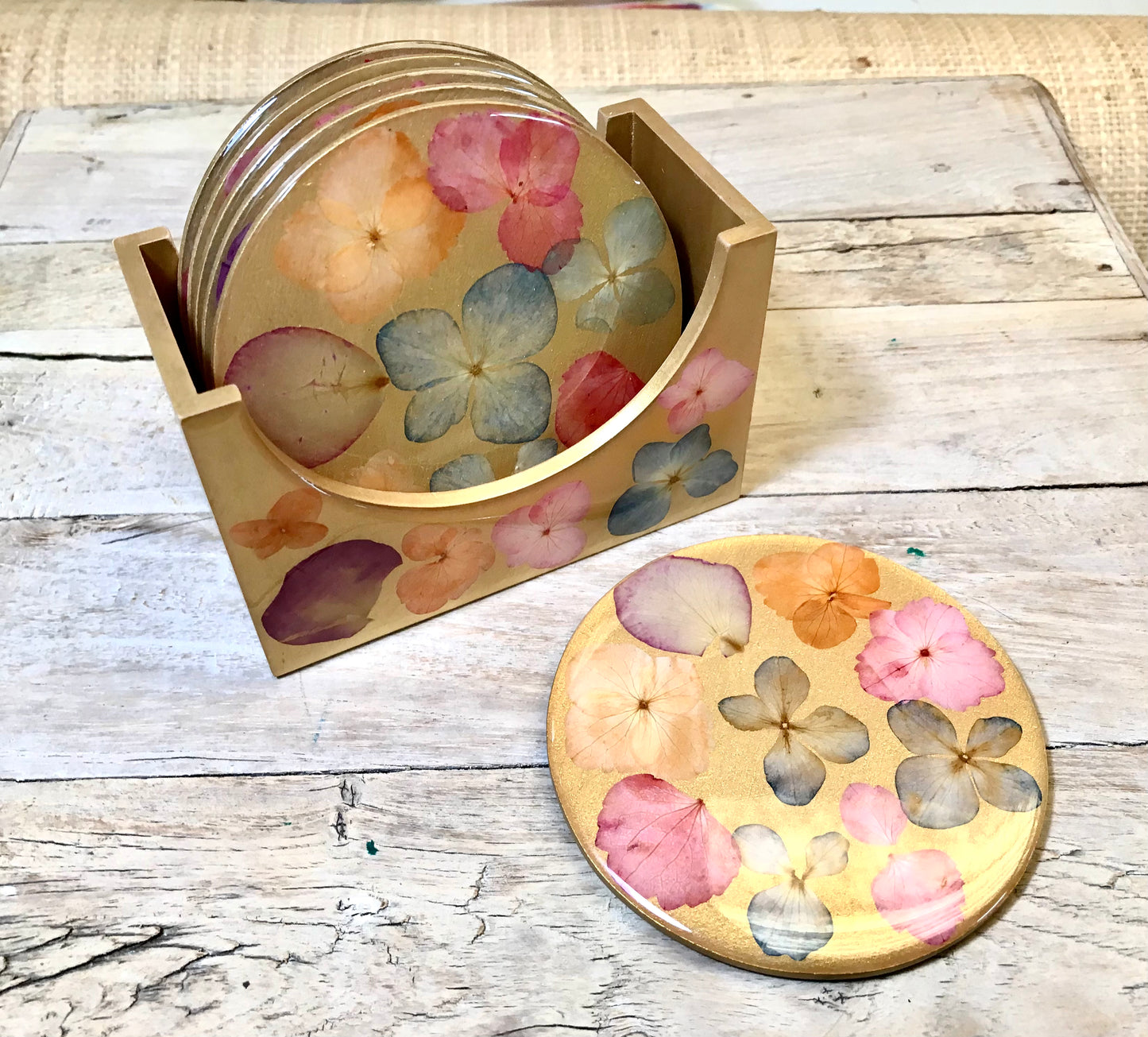 Coaster Set-Pressed Flowers - Restoration Oak