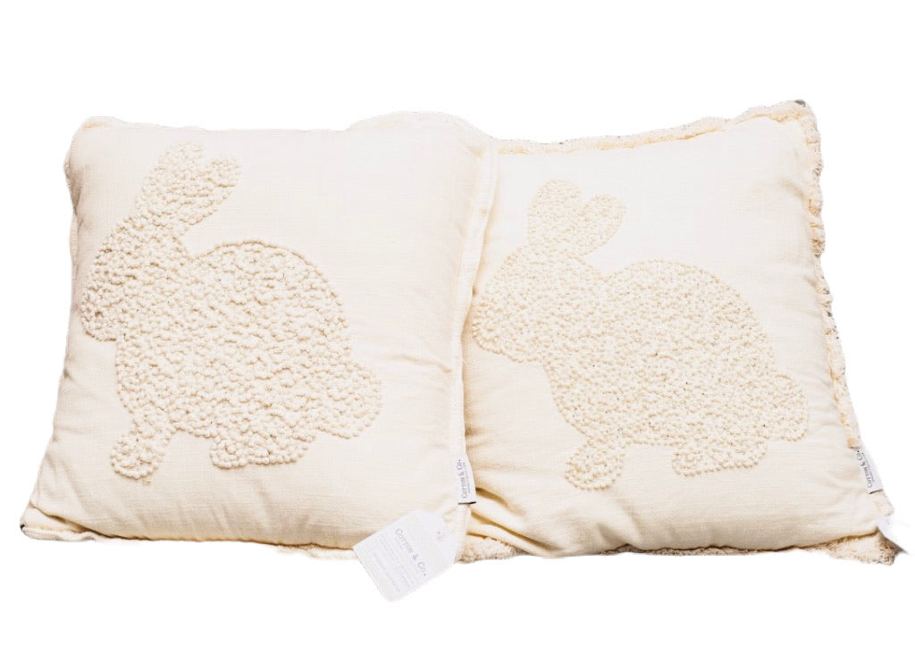 Cotton Lumbar Pillow with Vintage Reproduction Rabbit & Fringe