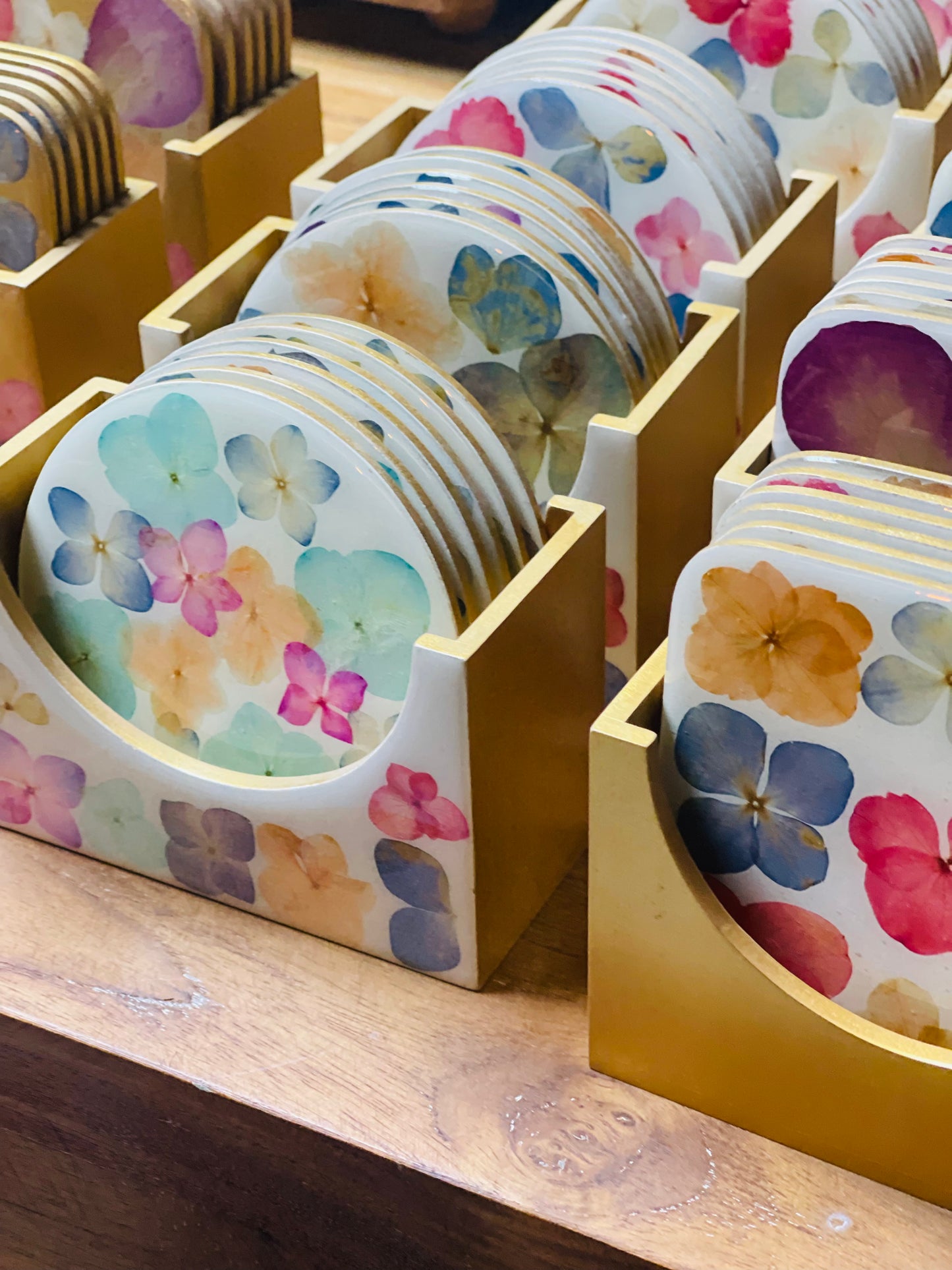 Coaster Set-Pressed Flowers - Restoration Oak