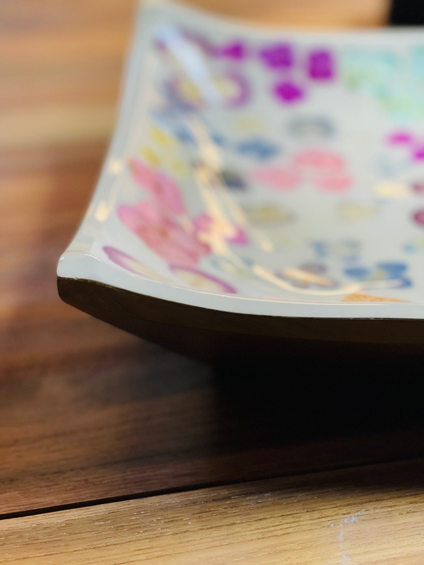 Large Curved Square Platter-Pressed Flowers - Restoration Oak