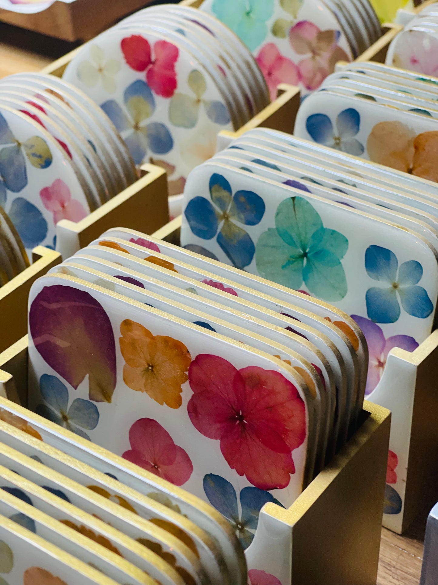 Coaster Set-Pressed Flowers - Restoration Oak