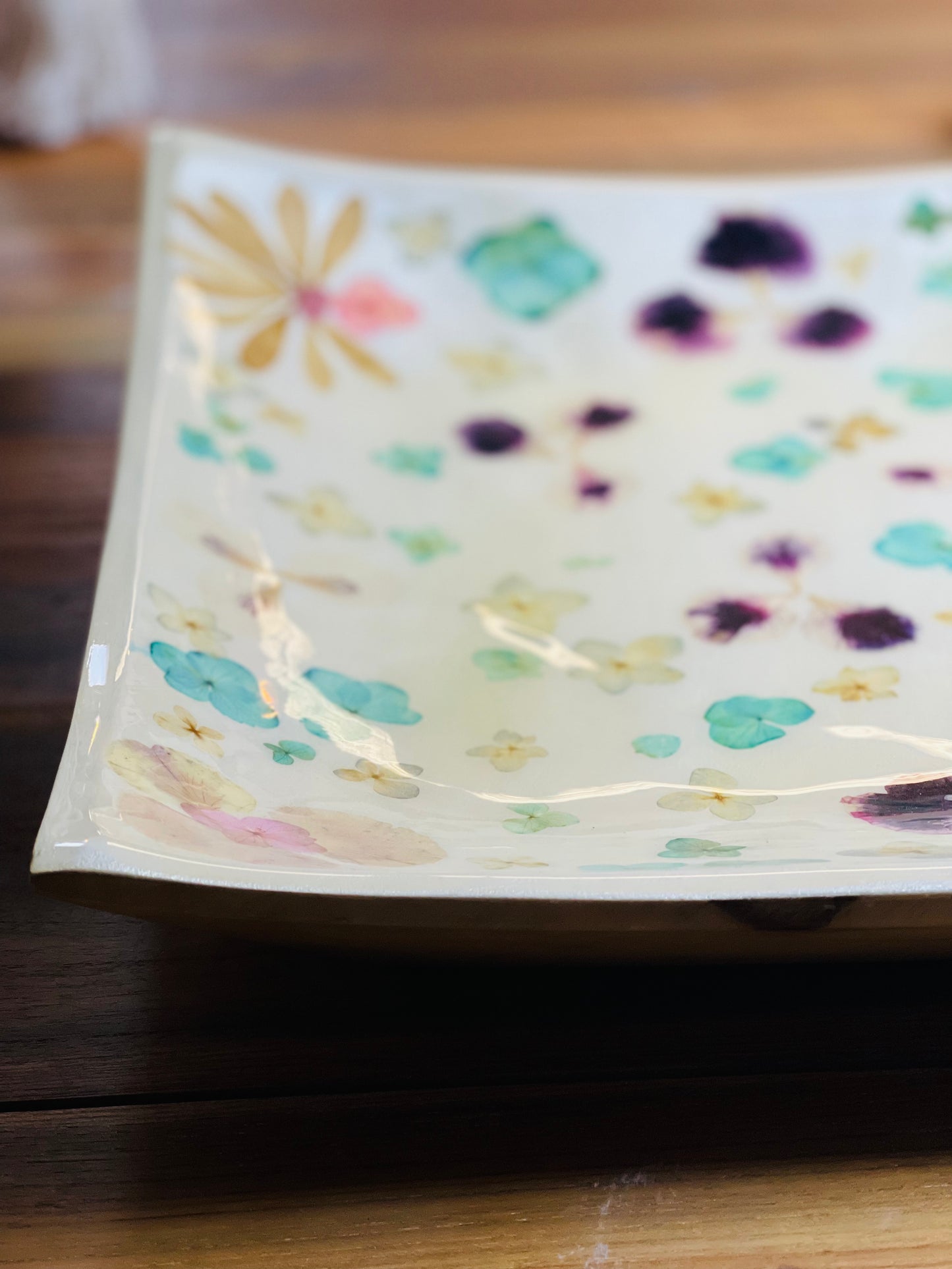 Extra Large Curved Square Platter-Pressed Flowers - Restoration Oak