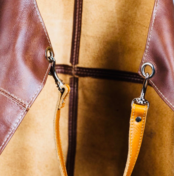 Zoomed in Brown & Tan Leather Apron - Restoration Oak