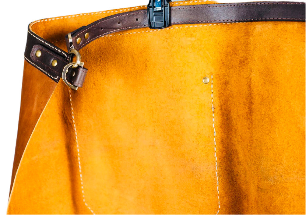 Zoomed in Leather Compass Half Apron - Restoration Oak