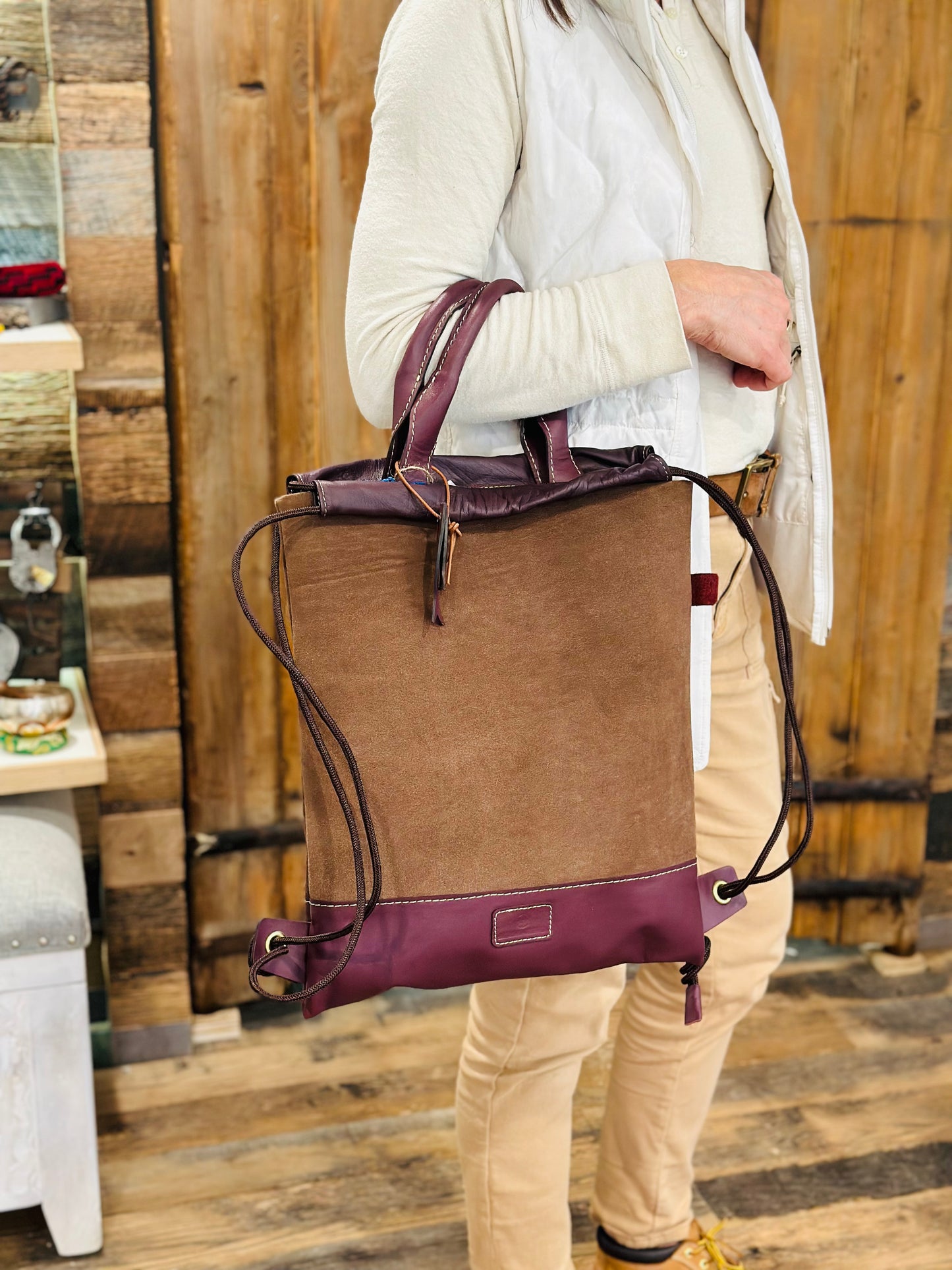Convertible Leather and Suede Backpack Tote - Restoration Oak