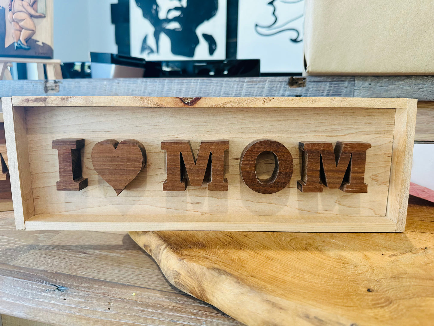 I LOVE MOM sign - Restoration Oak