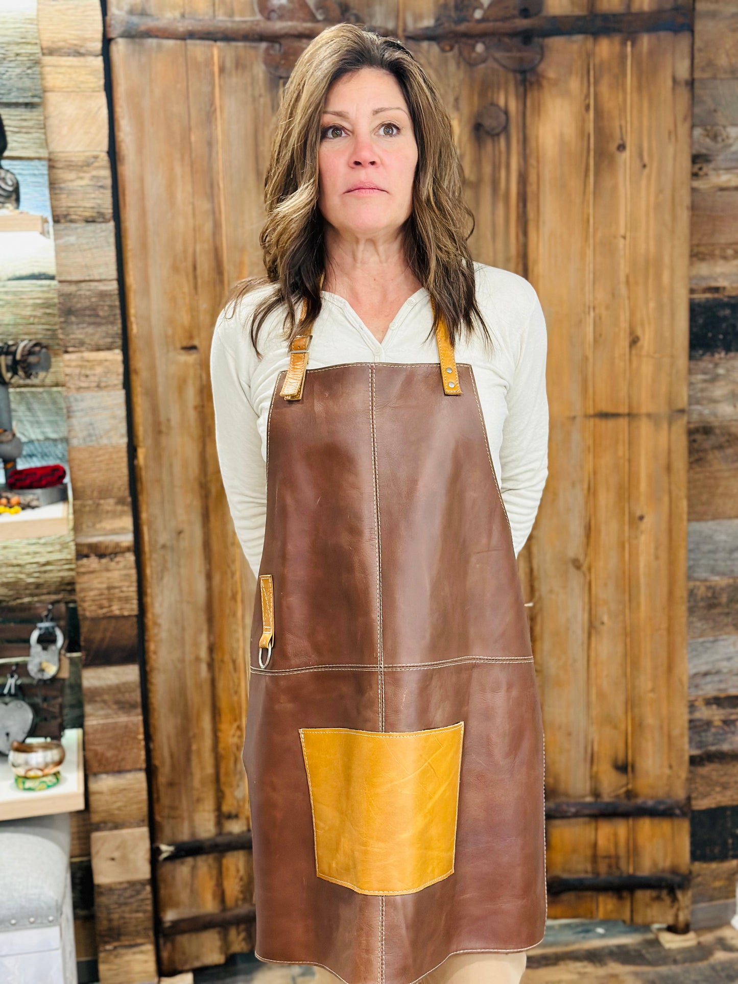 Brown and Tan Leather Apron - Restoration Oak