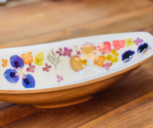Canoe Shaped Bowl-Pressed Flowers - Restoration Oak