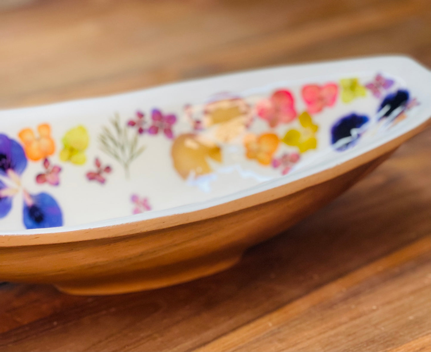 Canoe Shaped Bowl-Pressed Flowers - Restoration Oak