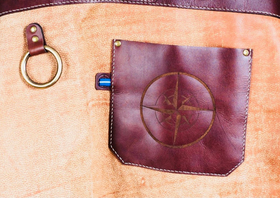 Zoomed in Suede & Leather Compass Half Apron - Restoration Oak