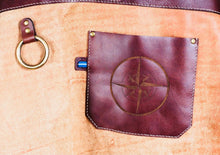 Load image into Gallery viewer, Zoomed in Suede &amp; Leather Compass Half Apron - Restoration Oak
