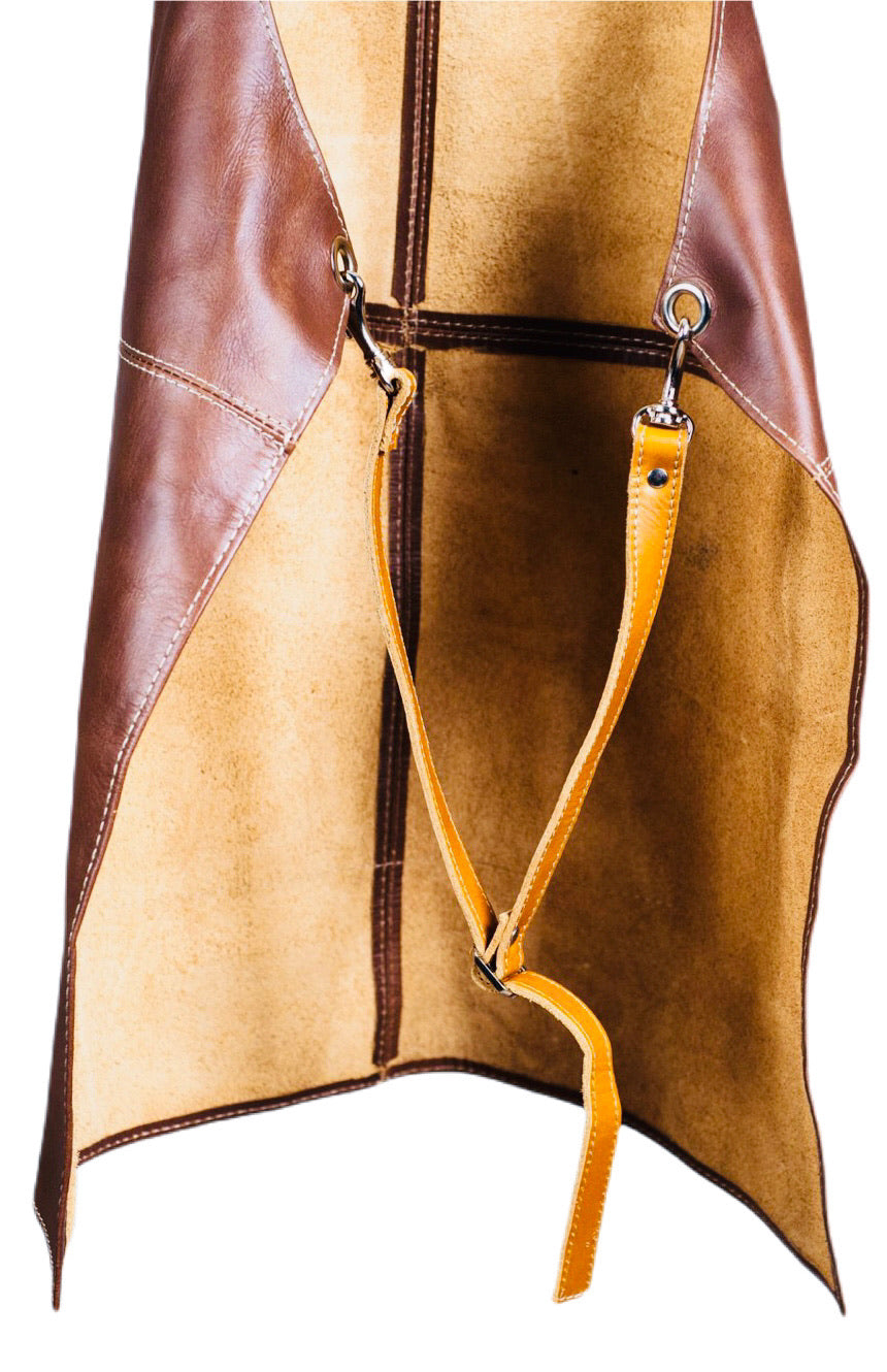 Back View Of The Brown and Tan Leather Apron Handcrafted in Colombia